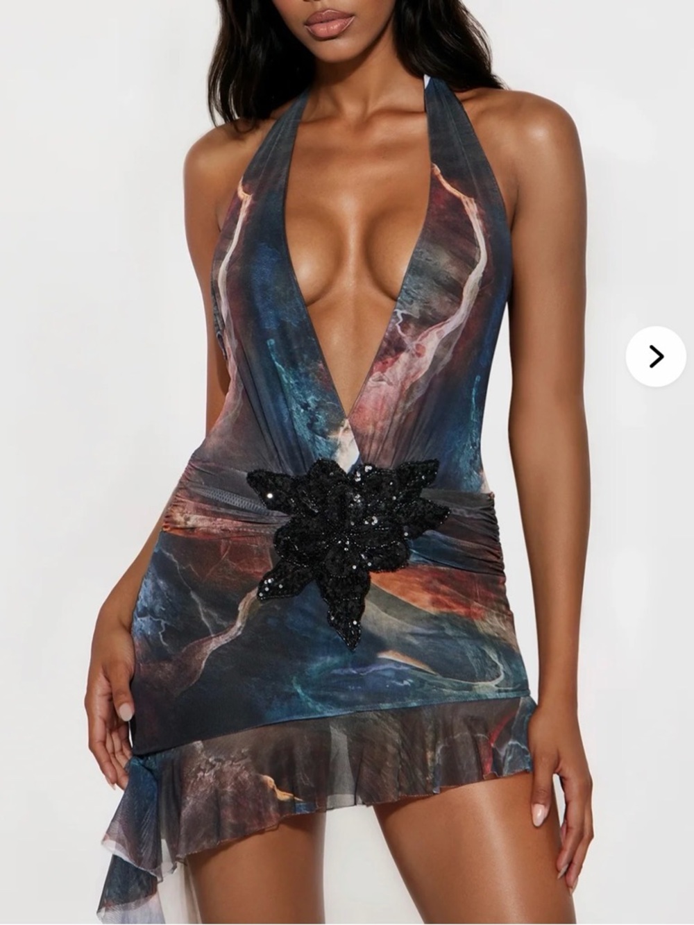 Fashion Nova Multi-Color Plunge Halter Mini Dress with Black Sequin Appliqué